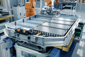 現代の工場内にロボットアームを装備した生産ラインのEVバッテリーパック